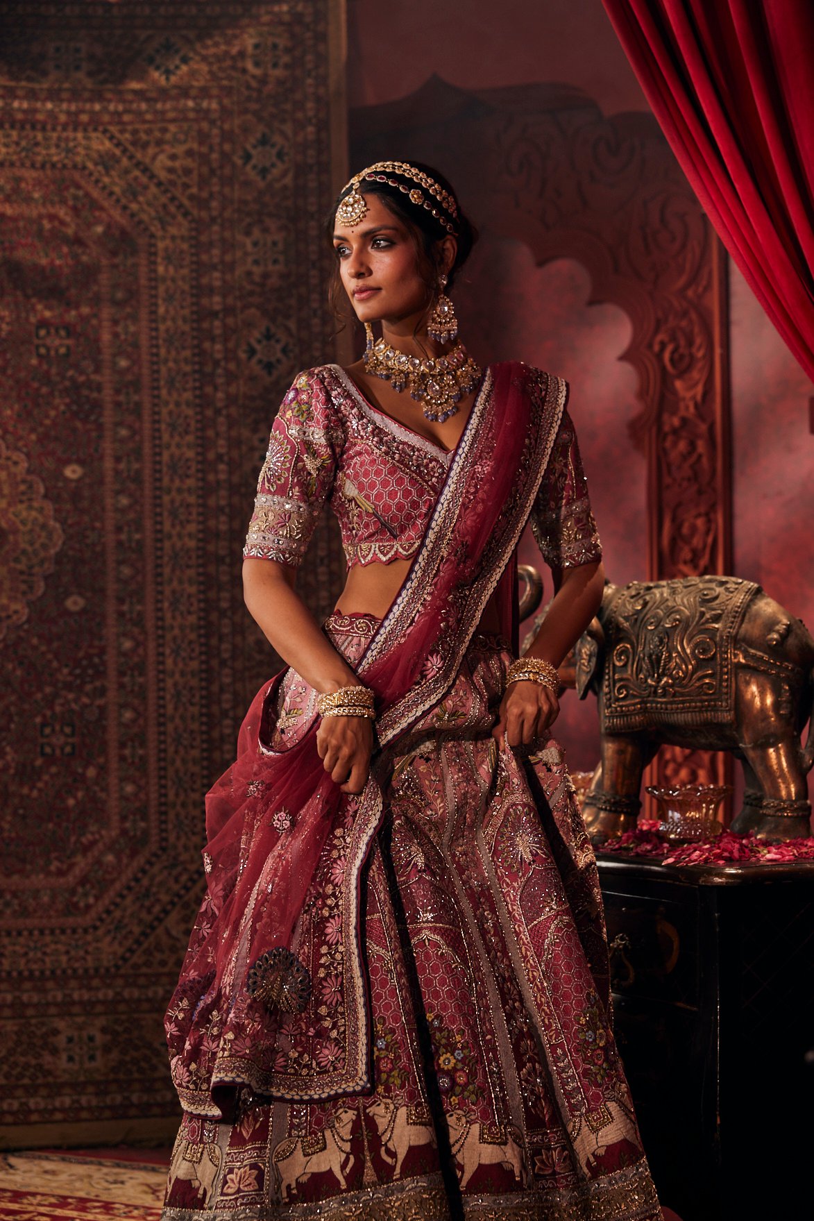 Wine Raw Silk Pichwai Lehenga